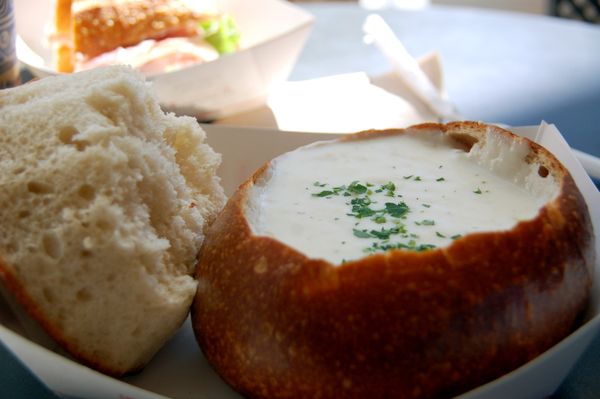 Clam chowder bread bowl, a Newport classic